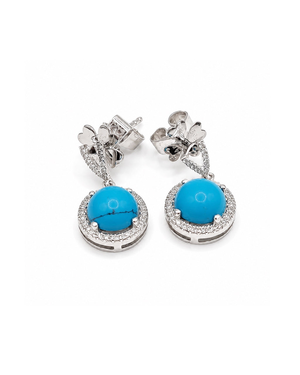Turquoise Gemstone Dangle Halo Diamond Earrings 14K