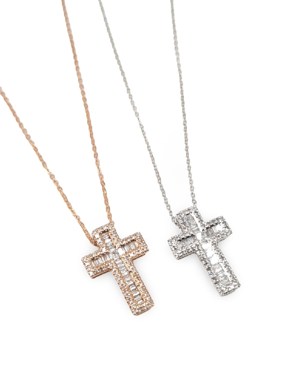 Dainty Cross Baguette Paved Diamond Necklace 14K