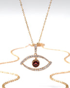 Golden Evil Eye Red Ruby Gemstones Diamond Necklace 14K