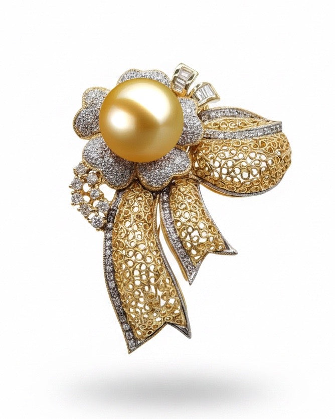 Golden South Sea Pearl Deco Diamond Necklace Pendant Brooch 14K Solid Gold