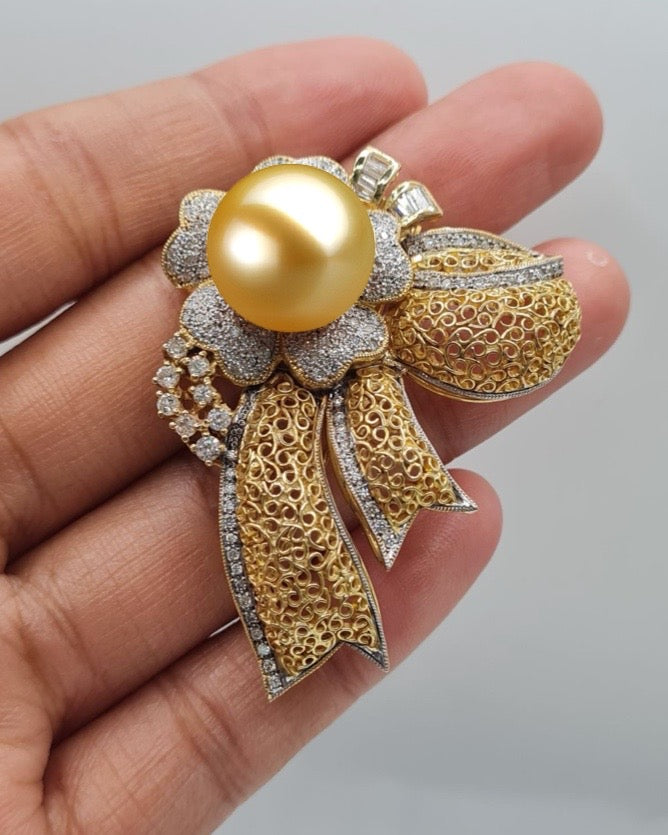 Golden South Sea Pearl Deco Diamond Necklace Pendant Brooch 14K Solid Gold