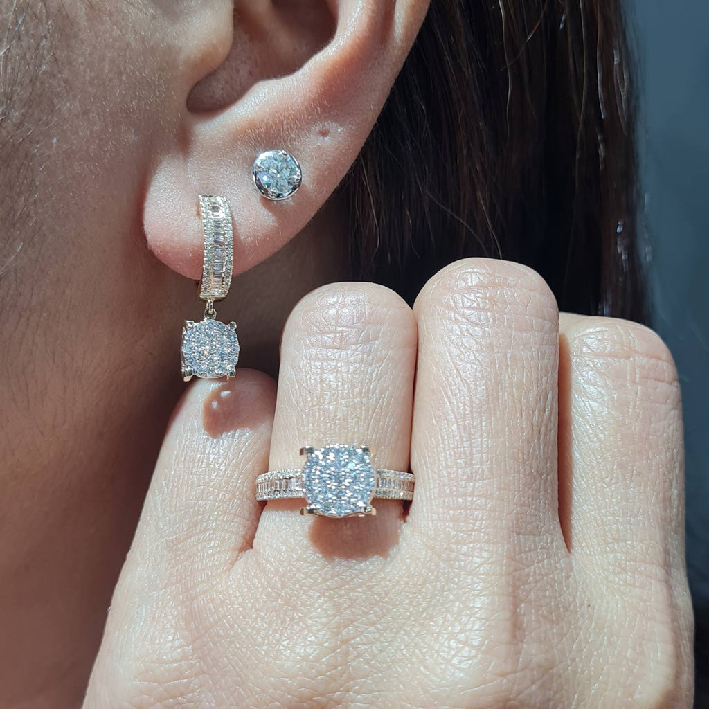 Classic Round Paved Dangling Hoop Diamond Jewelry Set 14K