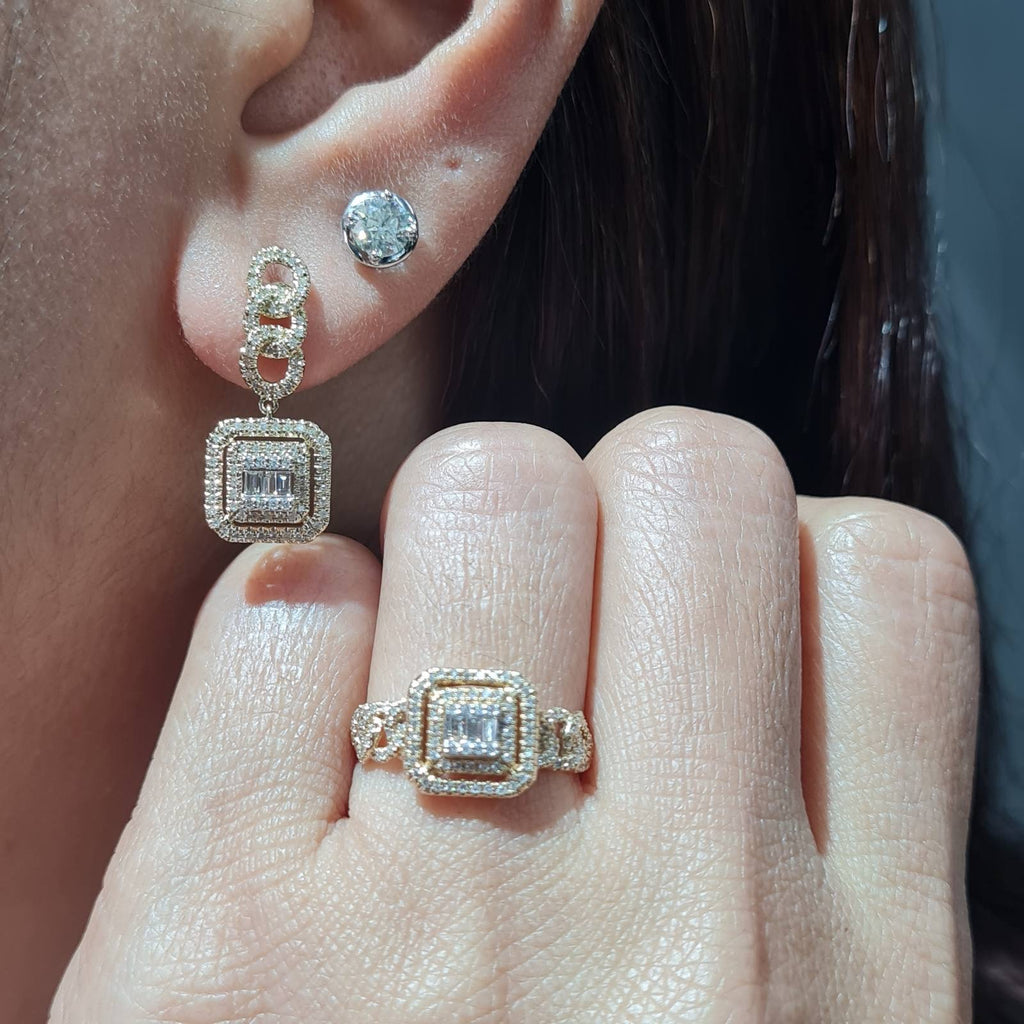 Classic Cushion Halo Dangling Diamond Jewelry Set 14K