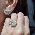 Golden Classic Emerald Baguette Double Halo Paved Diamond Jewelry Set 14K