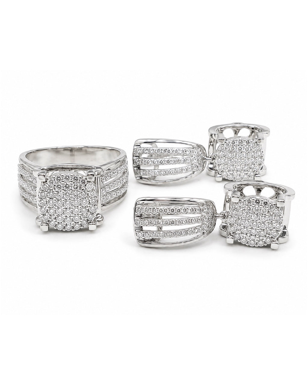 Classic Round Paved Dangling Diamond Jewelry Set 14K