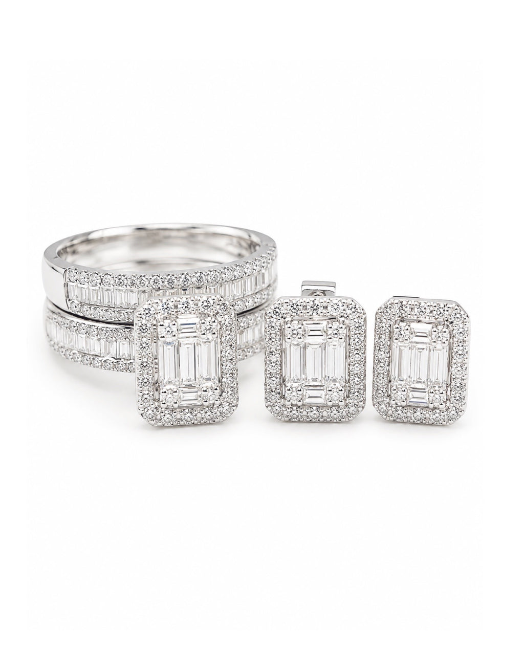 Classic Emerald Halo Twin Ring Baguette Diamond Jewelry Set 14K