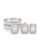 Classic Emerald Halo Twin Ring Baguette Diamond Jewelry Set 14K