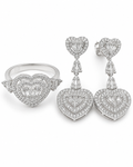 Classic Heart Double Halo Paved Dangling Diamond Jewelry Set 14K