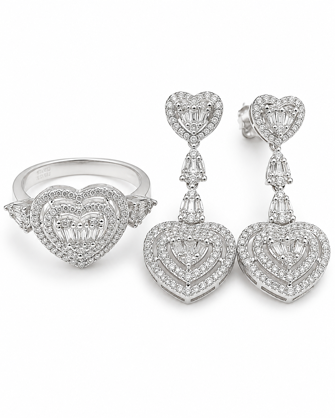 Classic Heart Double Halo Paved Dangling Diamond Jewelry Set 14K