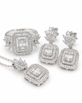 Classic Emerald Double Halo Dangling Jewelry Set 14K