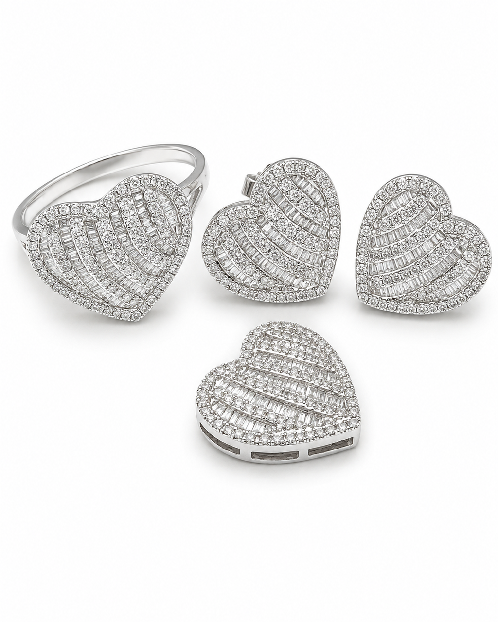 Classic Heart Baguette Paved Diamond Jewelry Set 14K