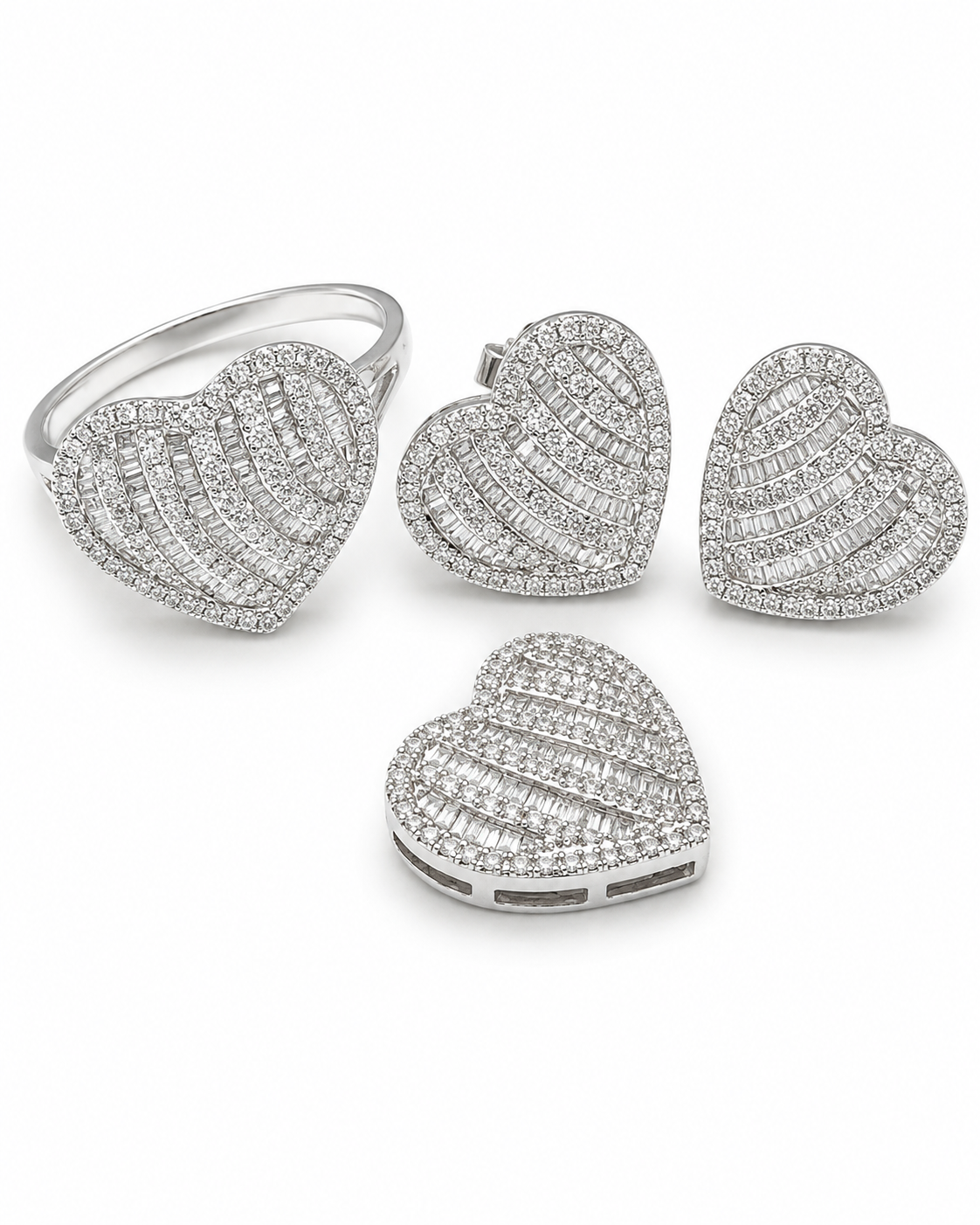 Classic Heart Baguette Paved Diamond Jewelry Set 14K