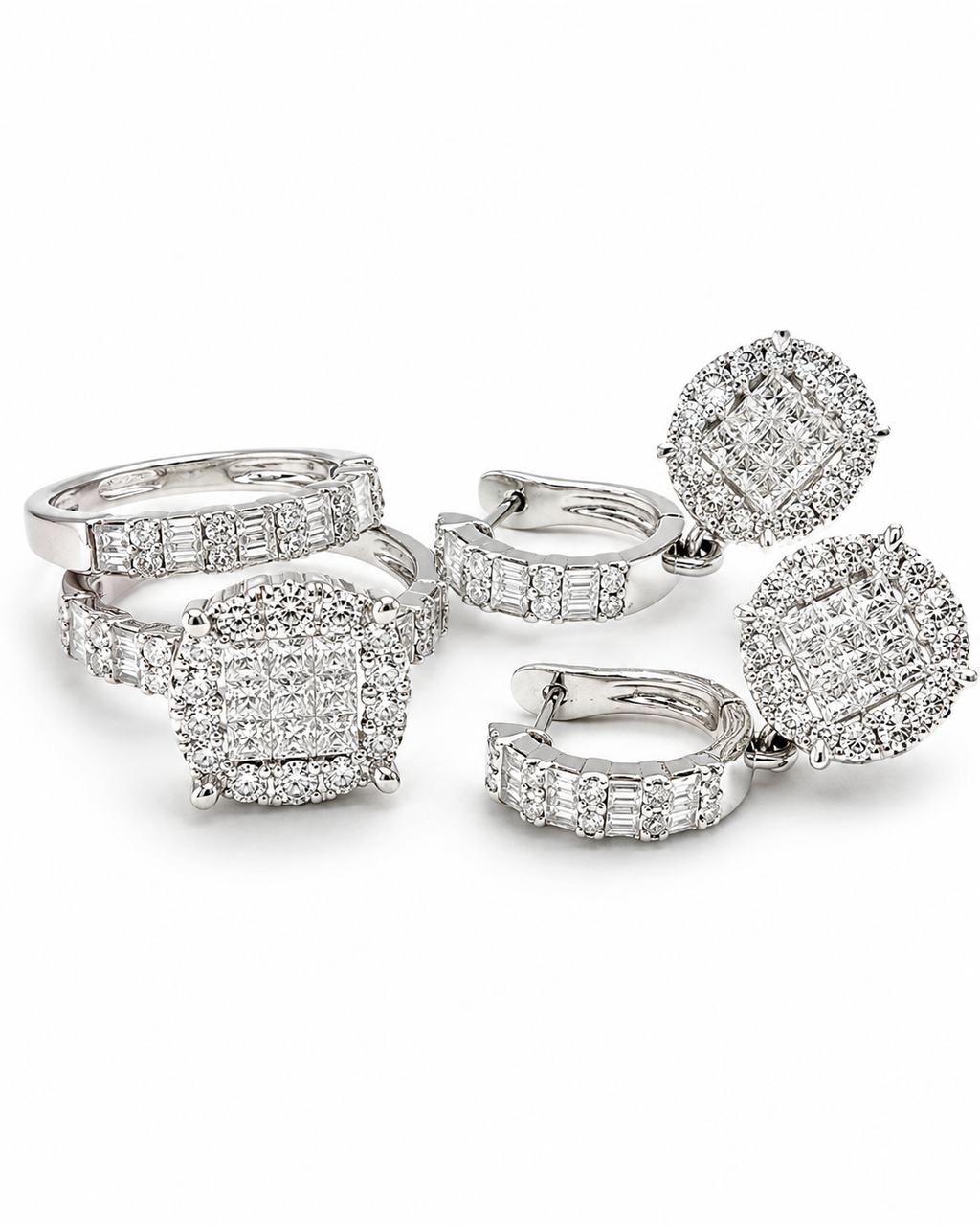 Classic Invisible Setting Round Dangling Diamond Jewelry Set 14K