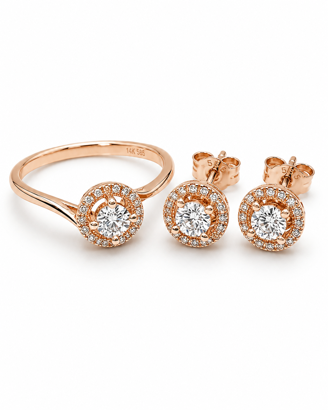 Classic Round Stud Tilted Diamond Jewelry Set 14K