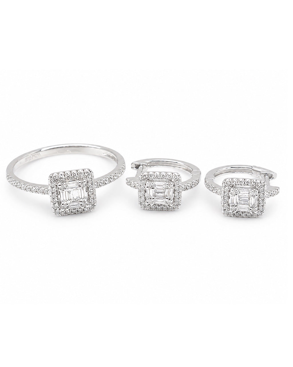 Classic Square Hoop Halo Paved Diamond Jewelry Set 14K
