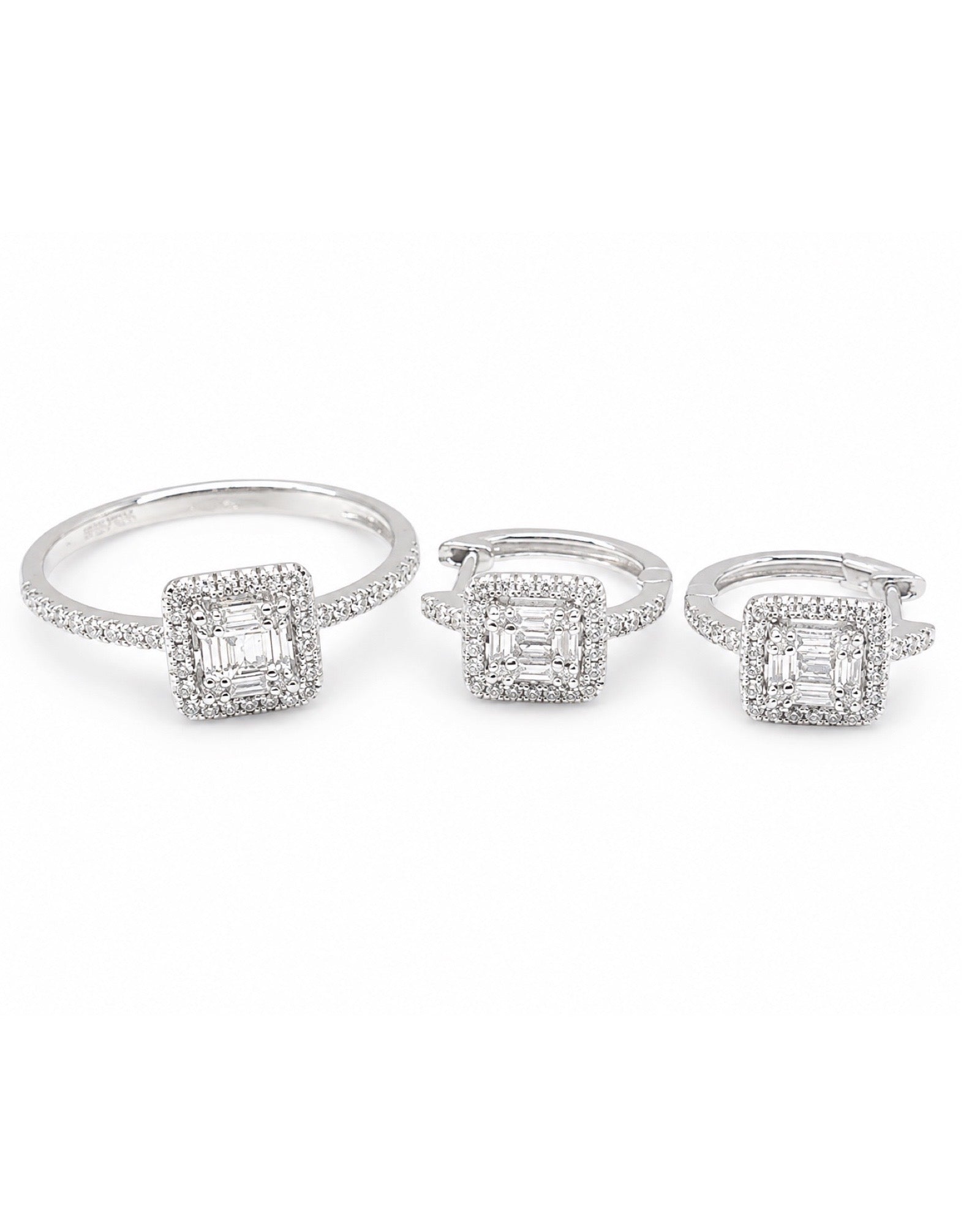 Classic Square Hoop Halo Paved Diamond Jewelry Set 14K