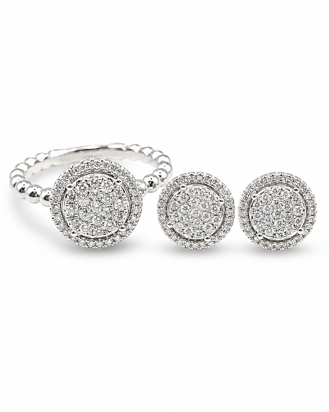 Classic Round Halo Beaded Stud Diamond Jewelry Set 14K