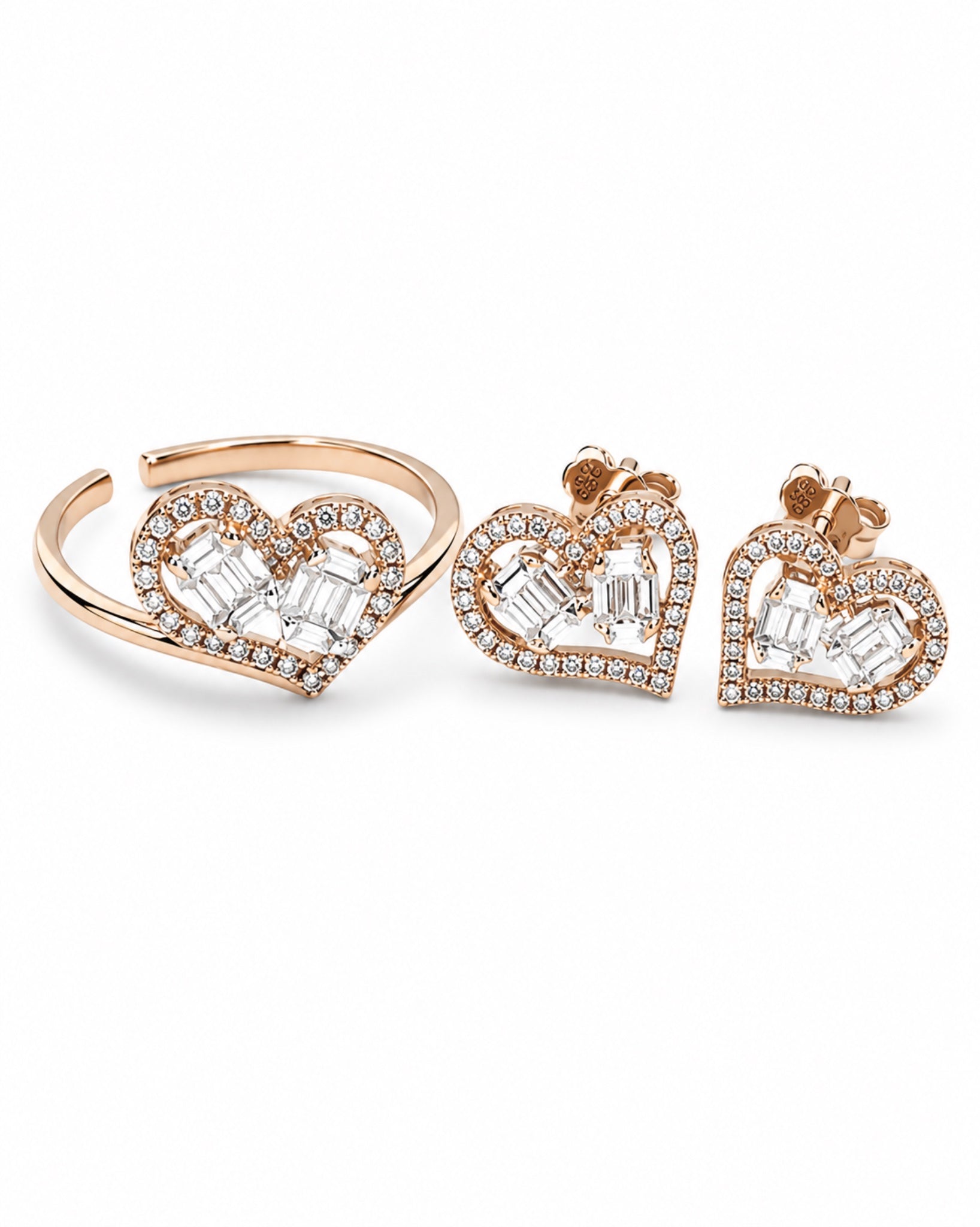Classic Heart Halo Oval Baguette Diamond Jewelry Set 14K