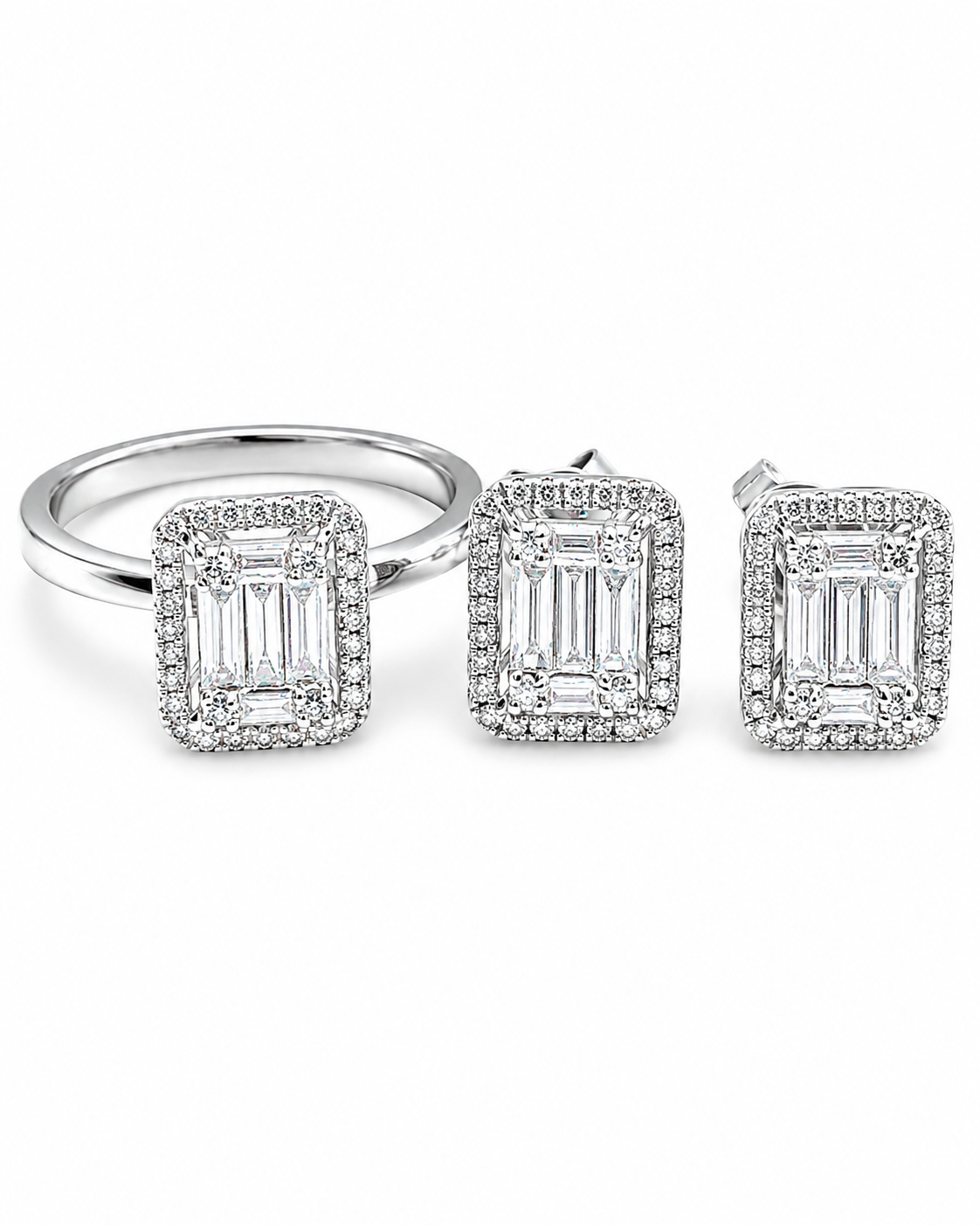 Classic Emerald Baguette Halo Diamond Jewelry Set 14K