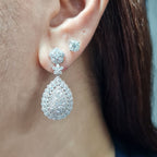 Classic Pear Double Halo Dangling Statement Diamond Earrings 14K