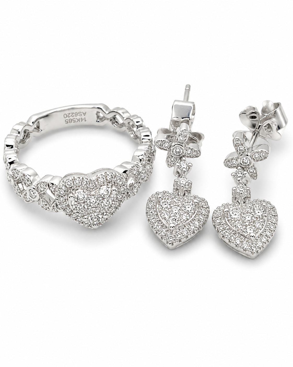 Classic Heart Halo Floral Dangle Diamond Jewelry Set 14K