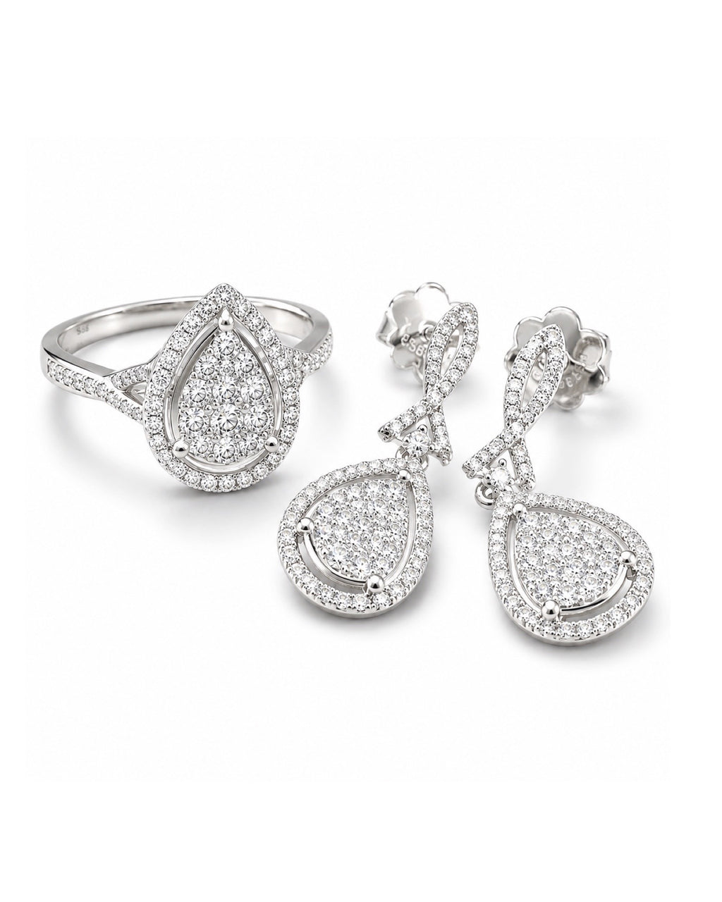 Classic Pear Dangling Halo Paved Diamond Jewelry Set 14K