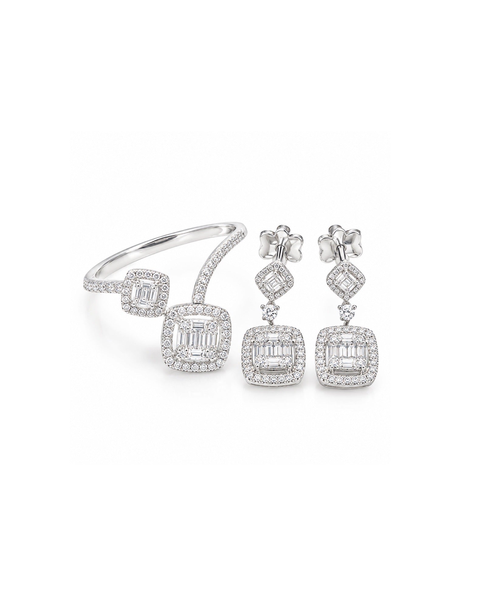 Classic Cushion Halo Dangling Diamond Jewelry Set 14K