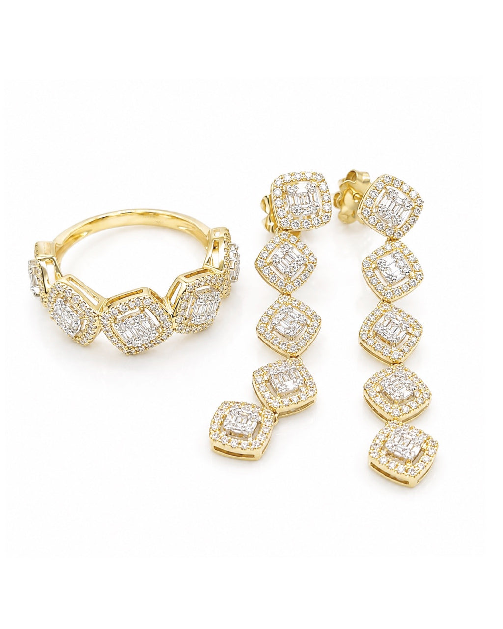 Classic Cushion Cluster Golden Dangling Diamond Jewelry Set 14K