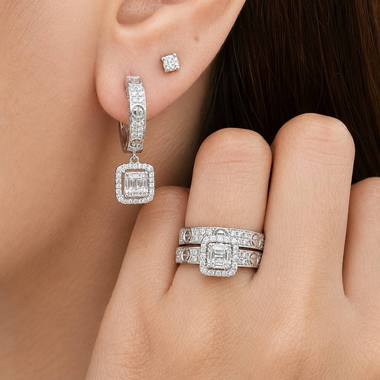 Classic Cushion Halo Hoop Baguette Dangle Diamond Jewelry Set 14K