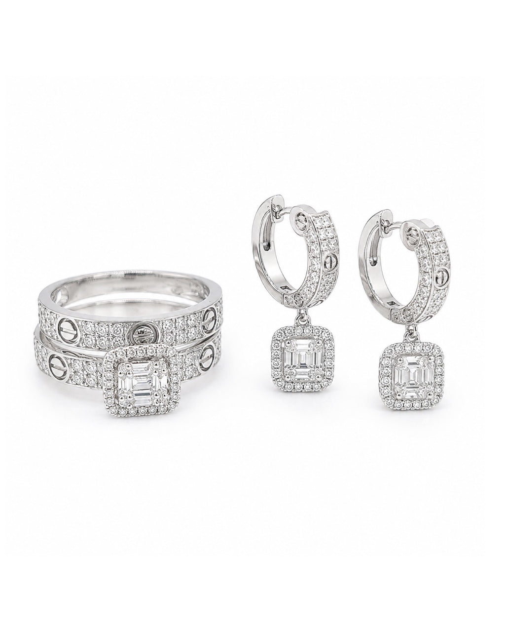 Classic Cushion Halo Hoop Baguette Dangle Diamond Jewelry Set 14K