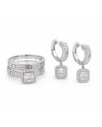 Classic Cushion Halo Hoop Baguette Dangle Diamond Jewelry Set 14K
