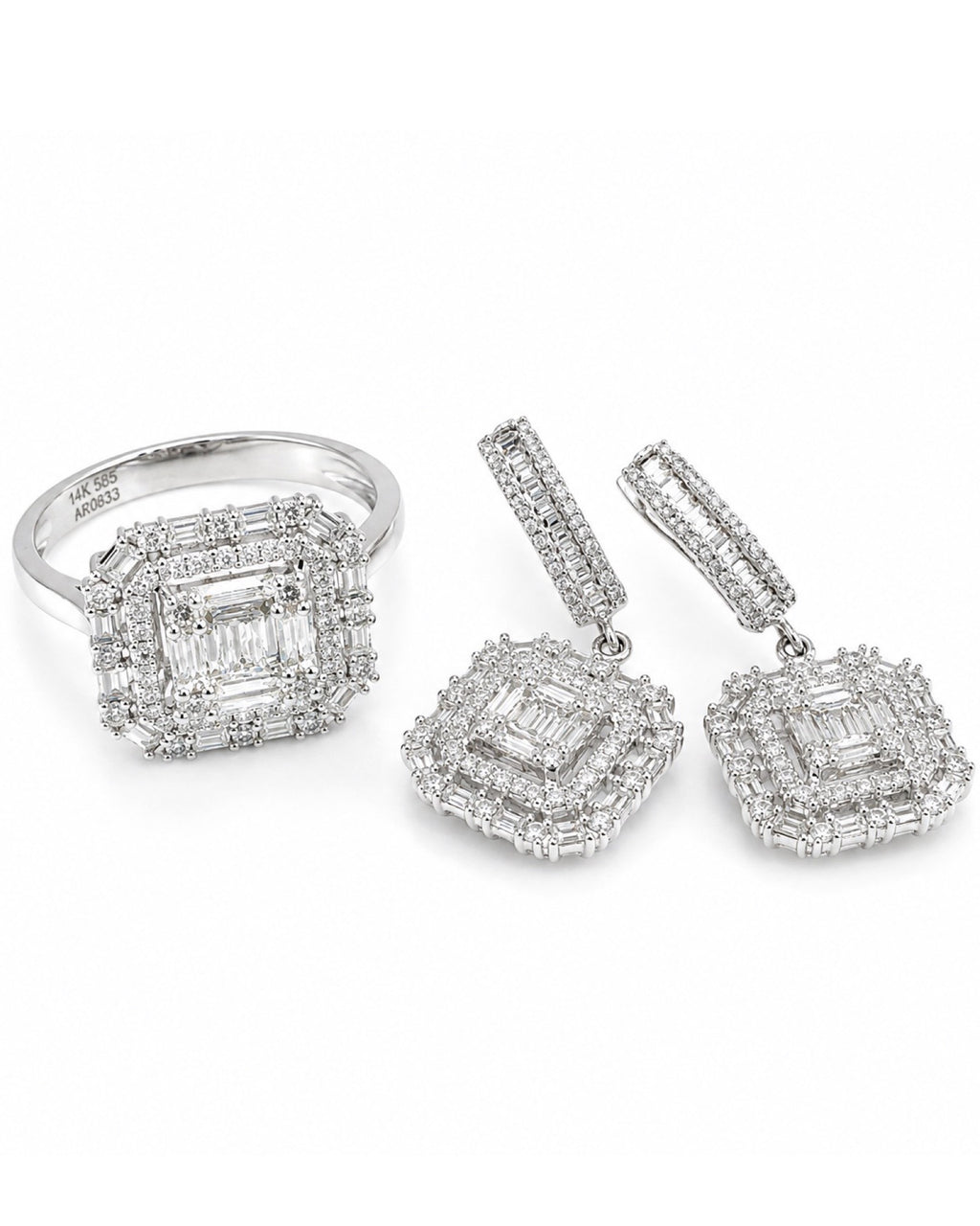 Classic Cushion Halo Dangling Diamond Jewelry Set 14K