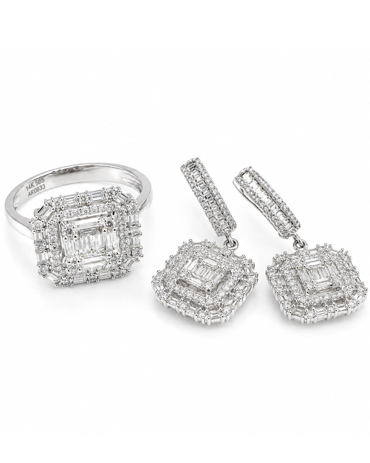 Classic Cushion Halo Dangling Diamond Jewelry Set 14K