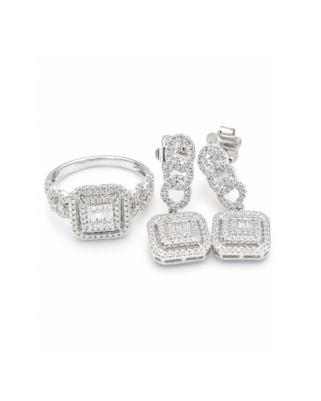 Classic Cushion Halo Dangling Chain Diamond Jewelry Set 14K