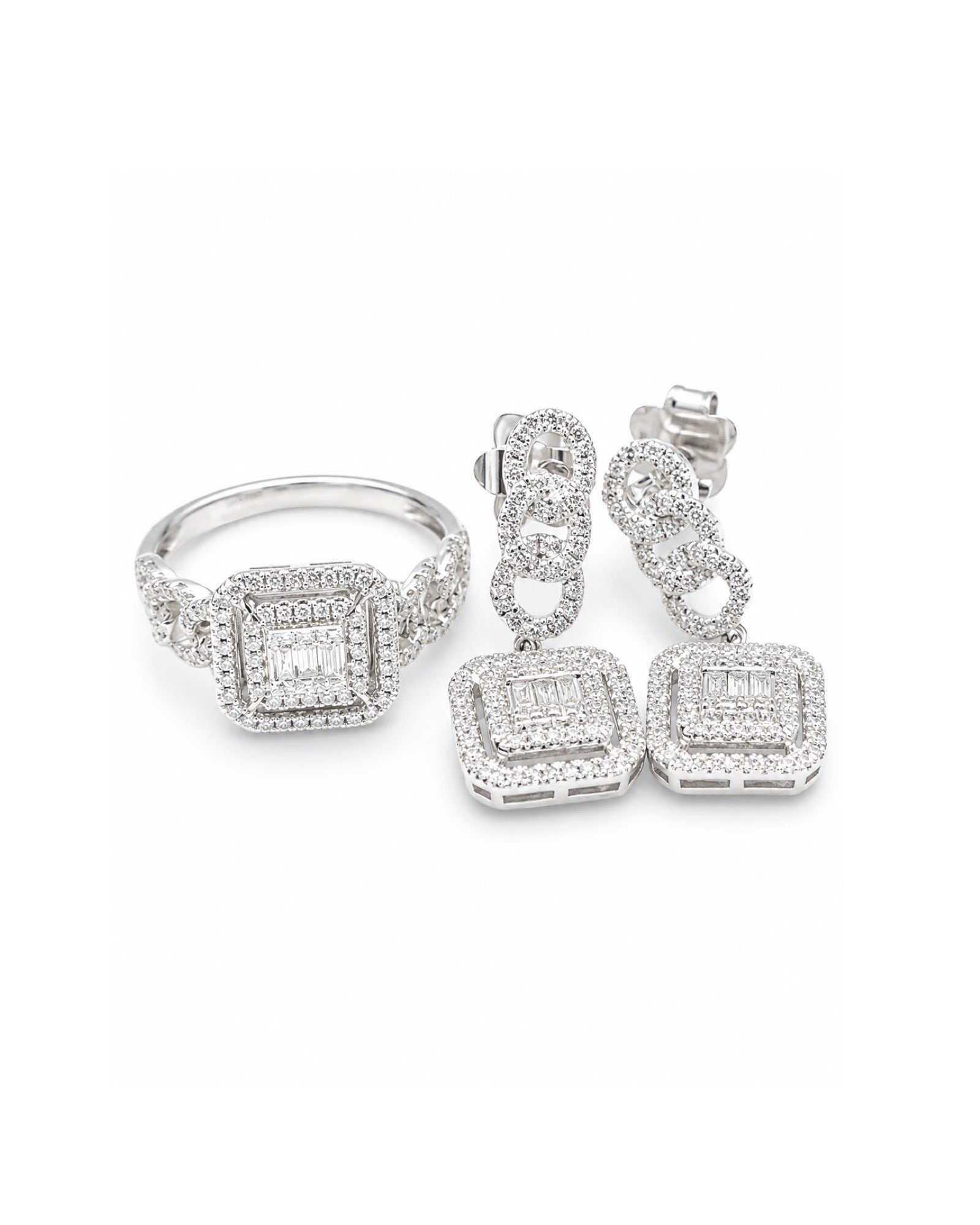Classic Cushion Halo Dangling Chain Diamond Jewelry Set 14K