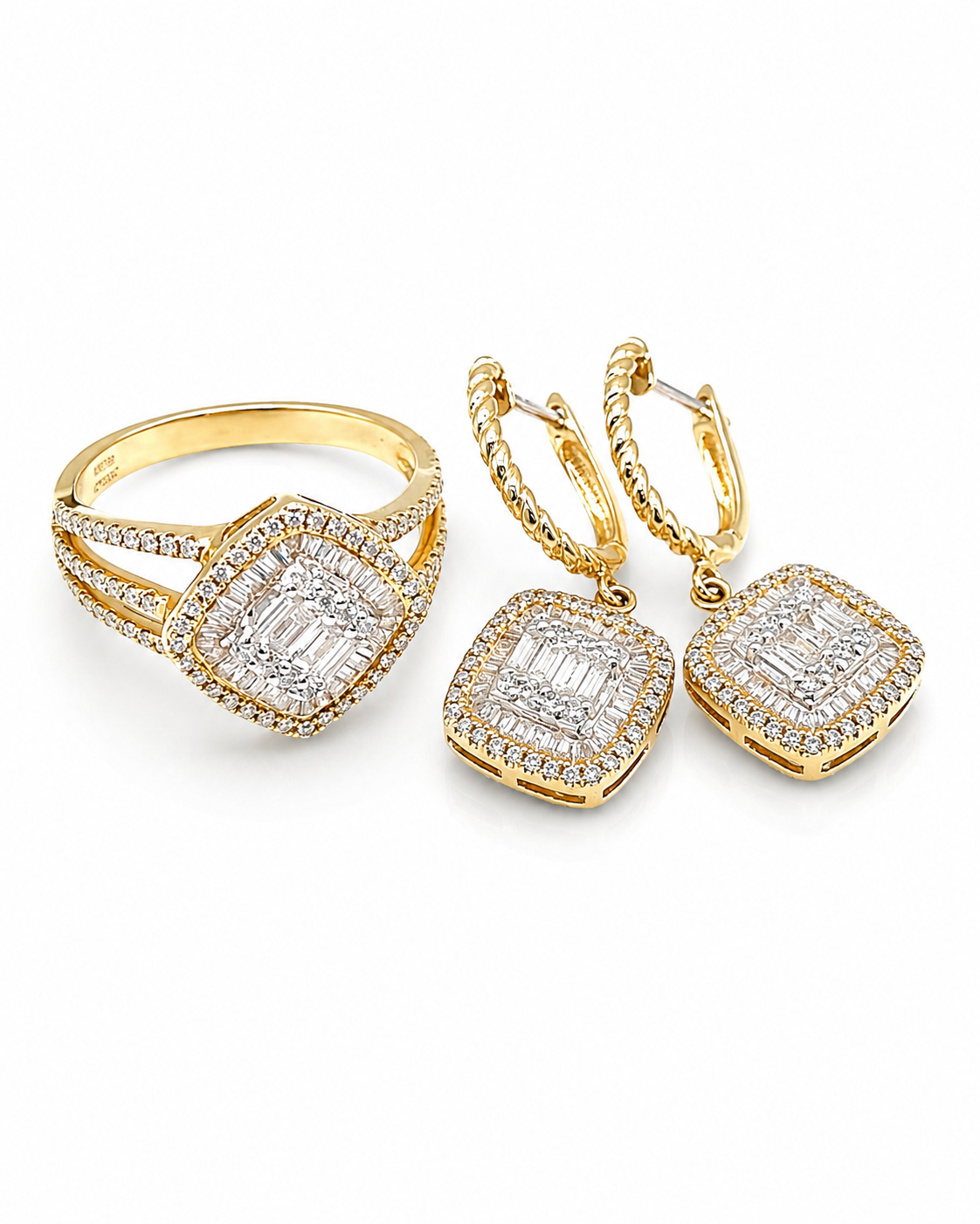 Classic Cushion Golden Dangling Diamond Jewelry Set 14K