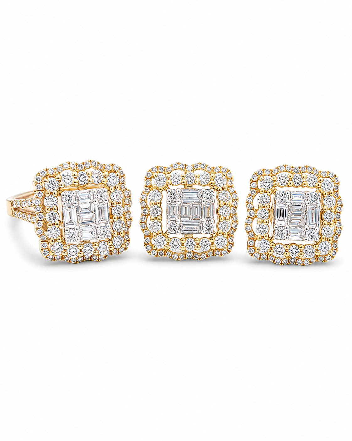 Classic Cushion Wave Halo Golden Diamond Jewelry Set 14K