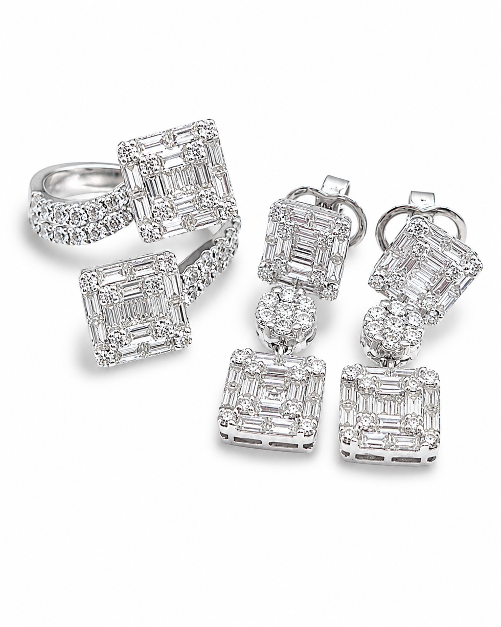 Classic Square Baguette Dangling Diamond Jewelry Set 18K