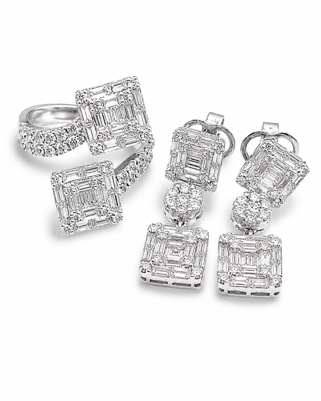 Classic Square Baguette Dangling Diamond Jewelry Set 18K