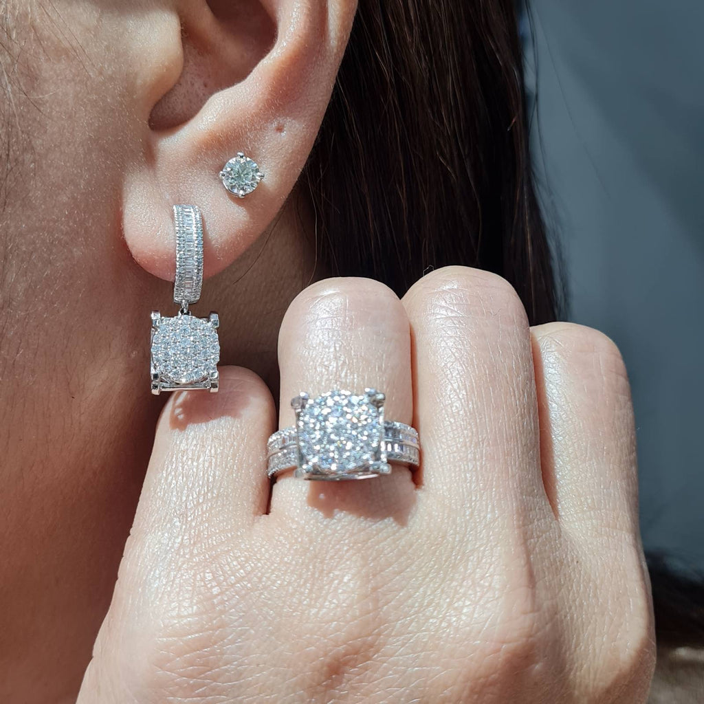 Classic Round Paved Dangling Hoop Diamond Jewelry Set 14K