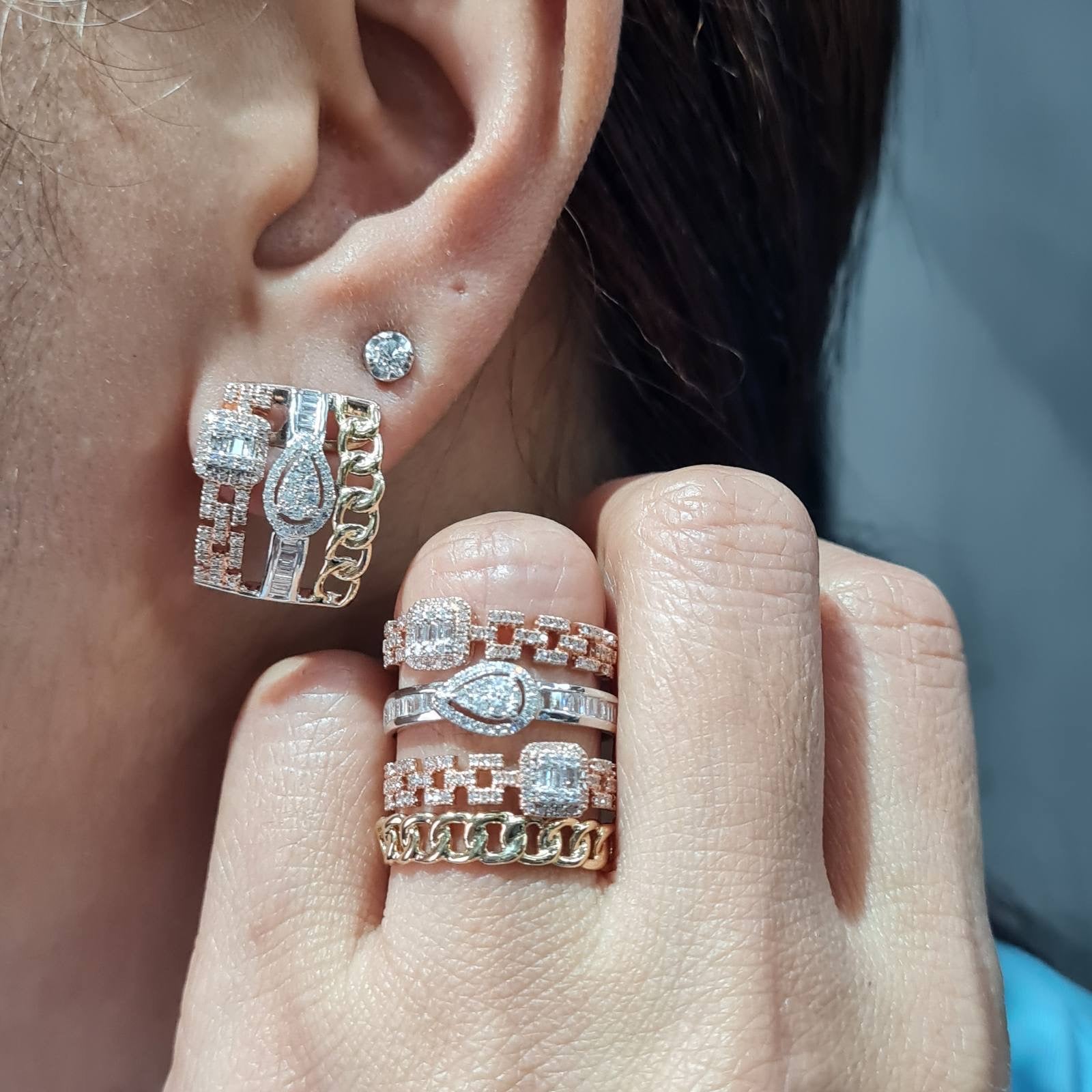 Tricolor Layered Deco Statement Diamond Jewelry Set 14K