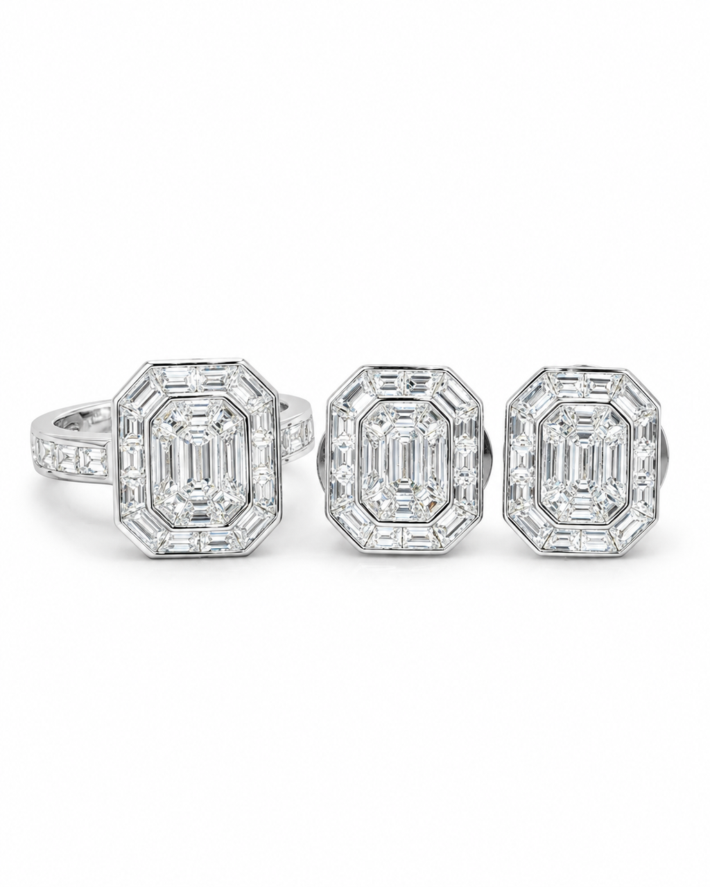 Classic Emerald Piecut Invisible Setting Diamond Jewelry Set 14K