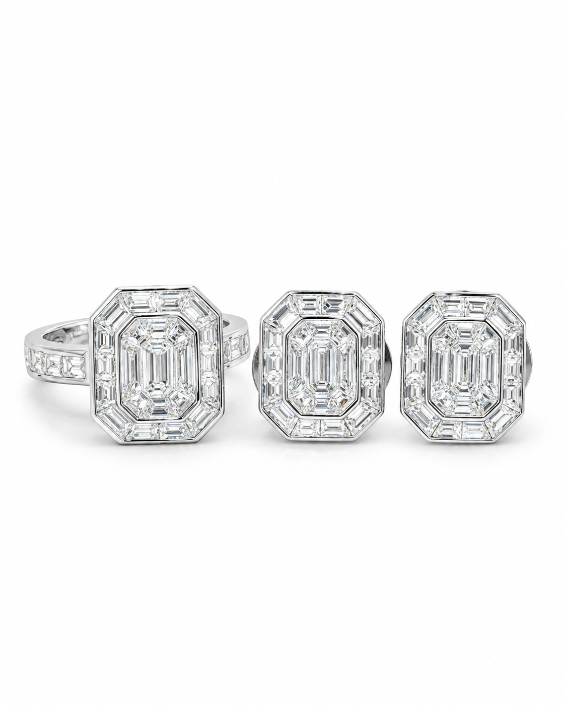 Classic Emerald Piecut Invisible Setting Diamond Jewelry Set 14K