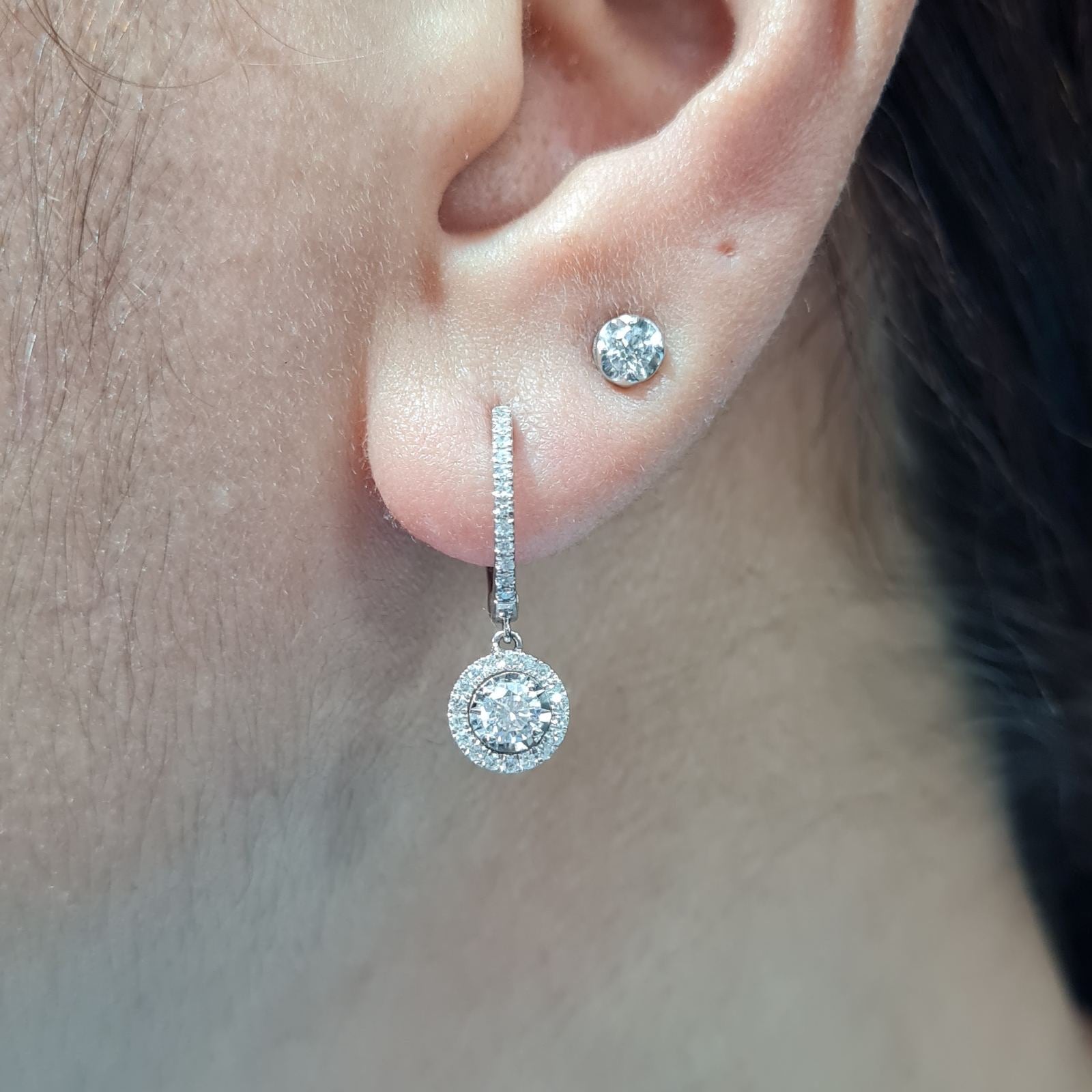 Classic Round Halo Dangling Hoop Diamond Earrings 14K