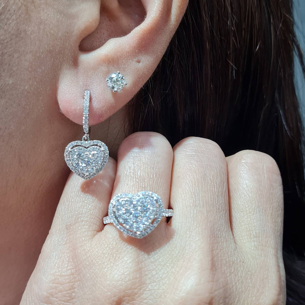 Classic Heart Halo Round Paved Dangling Diamond Jewelry Set 18K