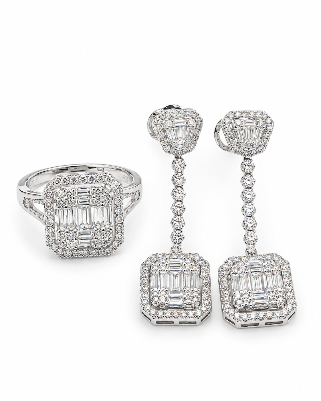 Classic Emerald Halo Baguette Dangling Diamond Jewelry Set 14K