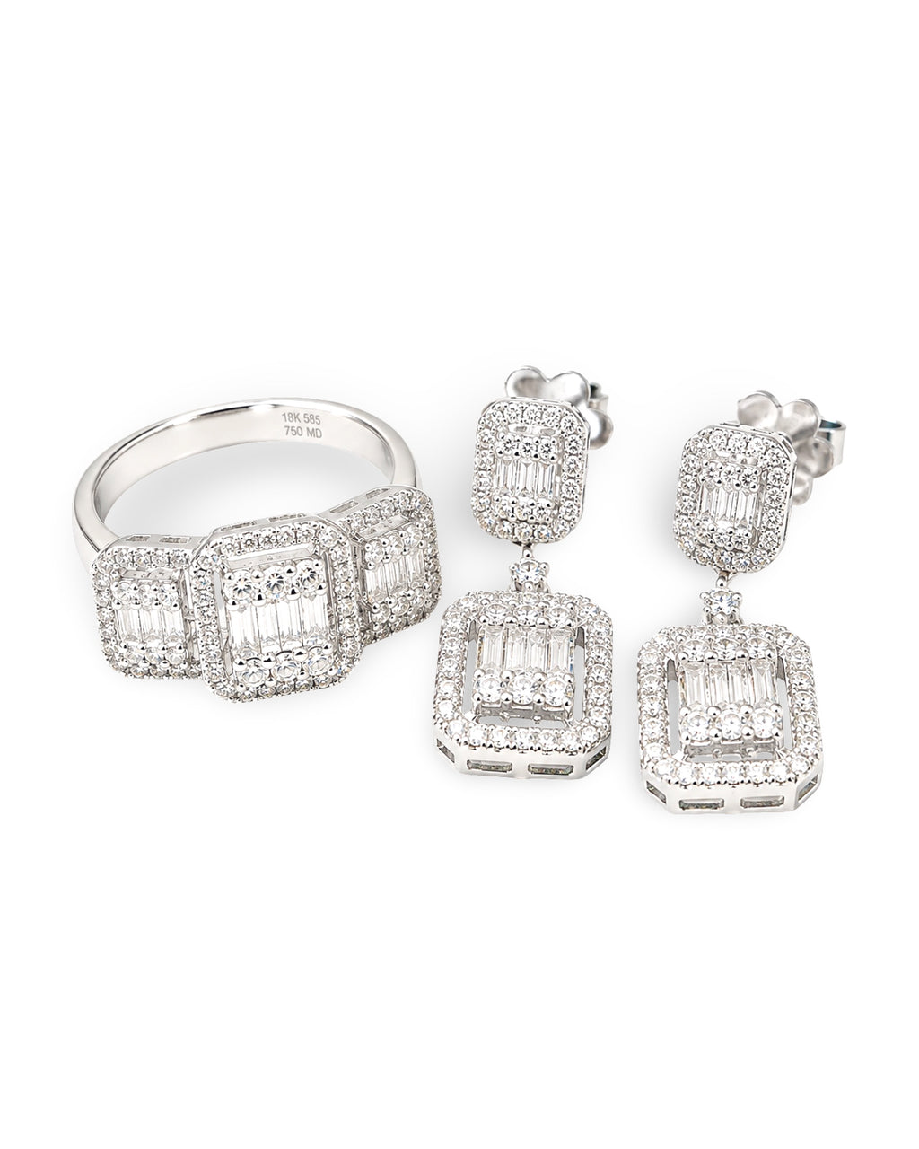 Classic Emerald Halo Dangling Diamond Jewelry Set 14K