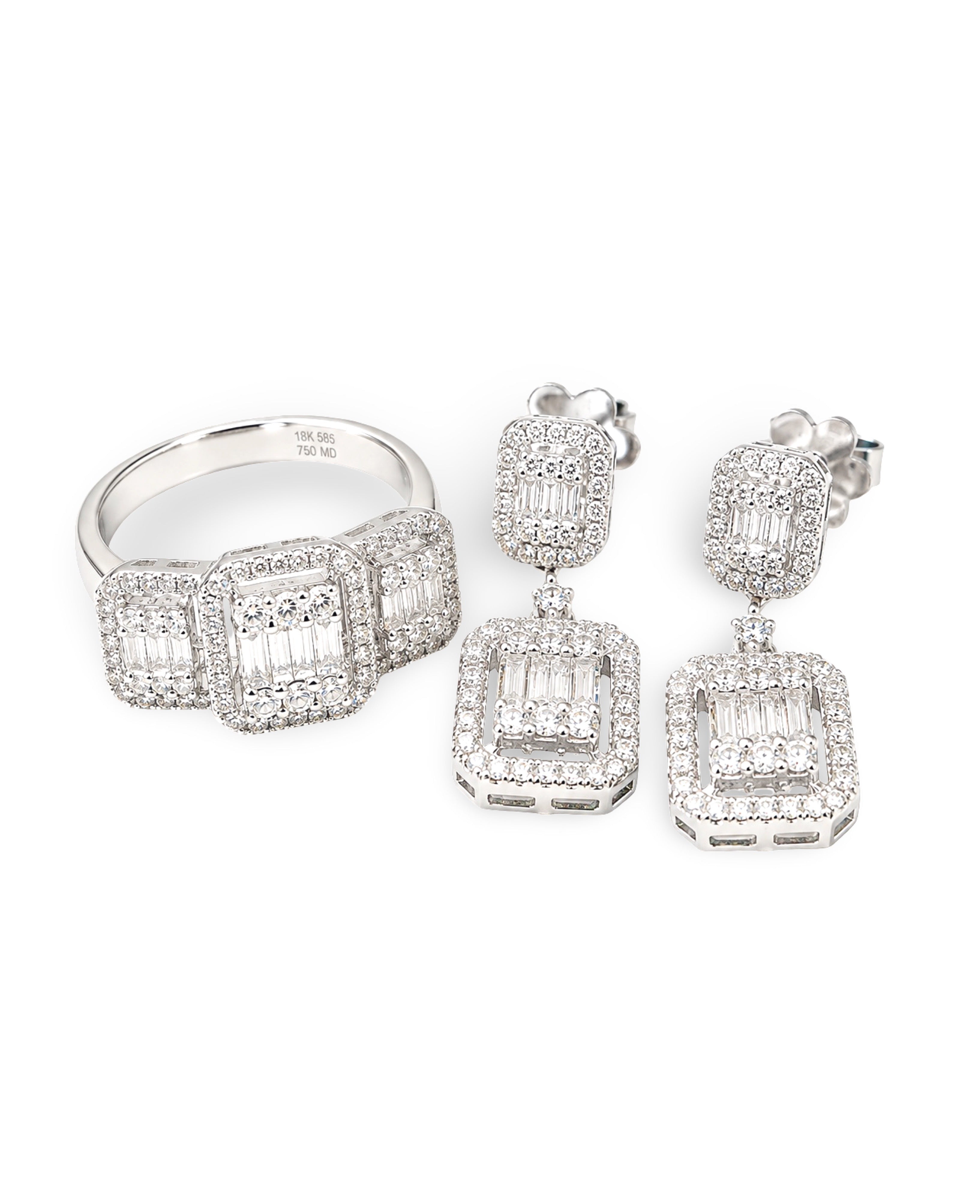 Classic Emerald Halo Dangling Diamond Jewelry Set 14K