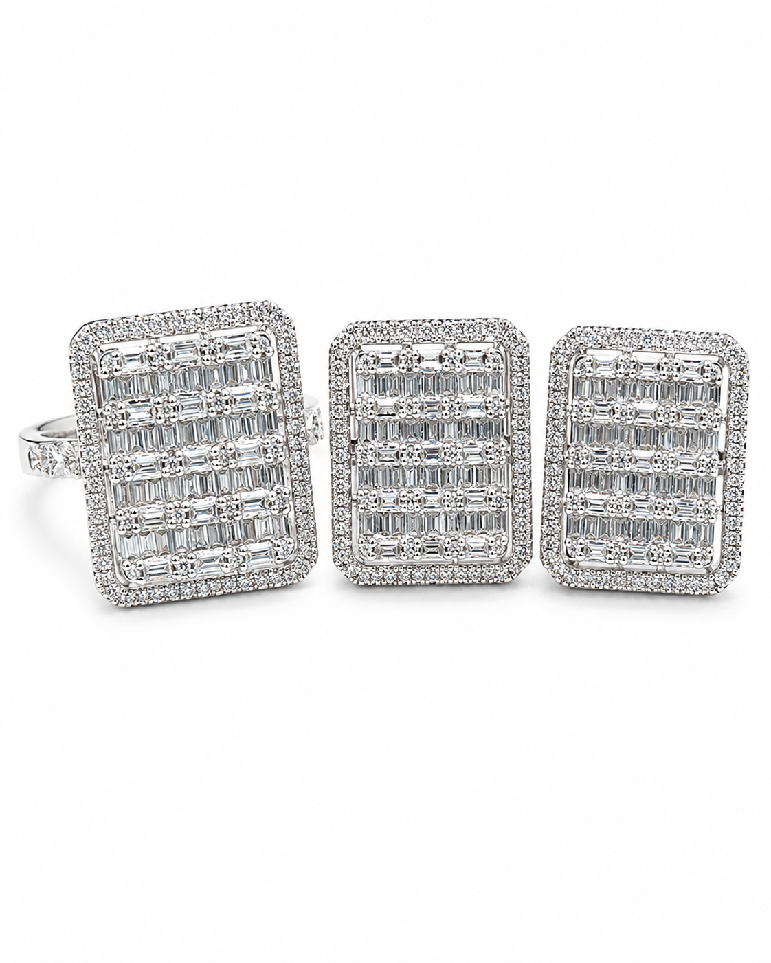 Classic Emerald Halo Baguette Statement Diamond Jewelry Set 14K
