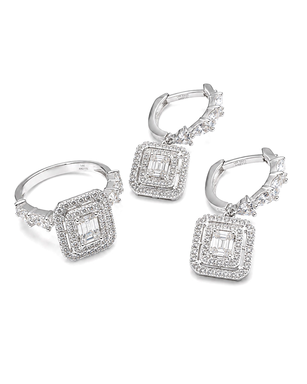Classic Emerald Dangling Paved Hoop Diamond Jewelry Set 14K